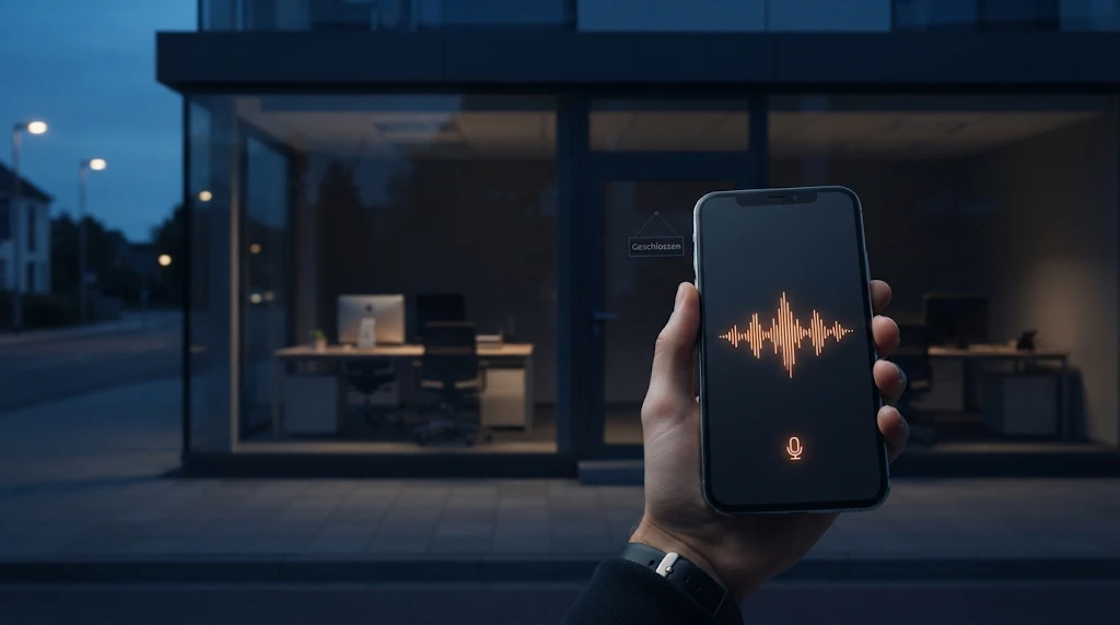 Smartphone mit Sprachassistent vor einem geschlossenen Büro am Abend