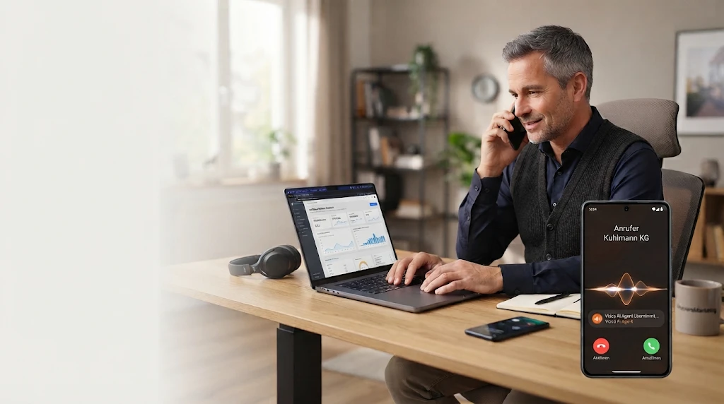 Unternehmer telefoniert an seinem Schreibtisch; ein Smartphone zeigt den Voice AI Agent im Gespräch